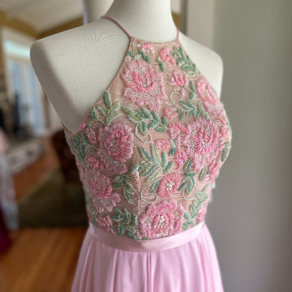 Sherri Hill Pink and Green Embroidered Halter Prom Dress